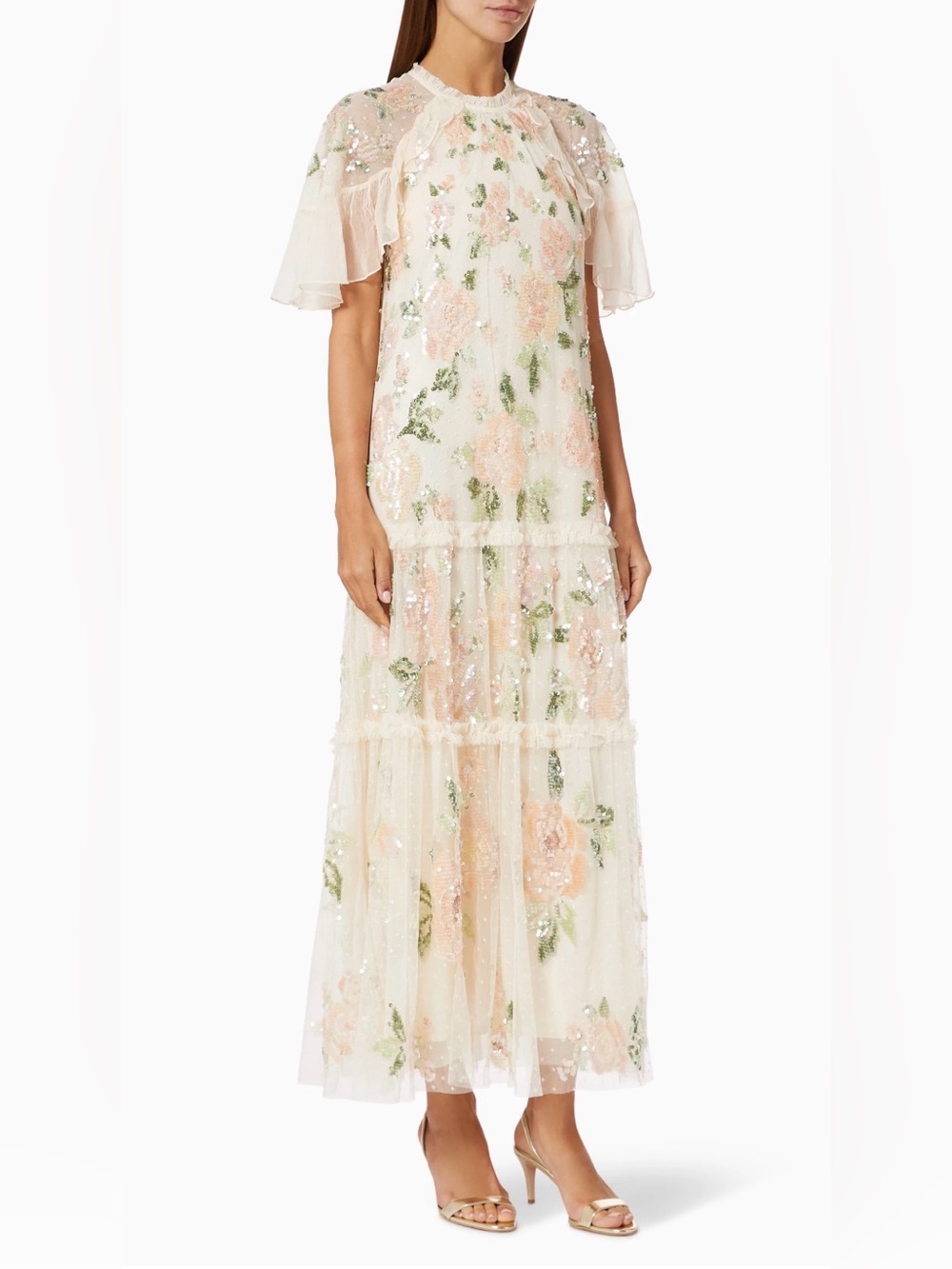 Needle & Thread Ivory Maxi Dress with Pink & Green Floral Sequin Embroidery - Picture 2 of 5